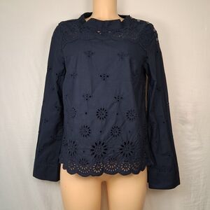 J. Crew Navy Eyelet Scalloped Hem Blouse Size 8